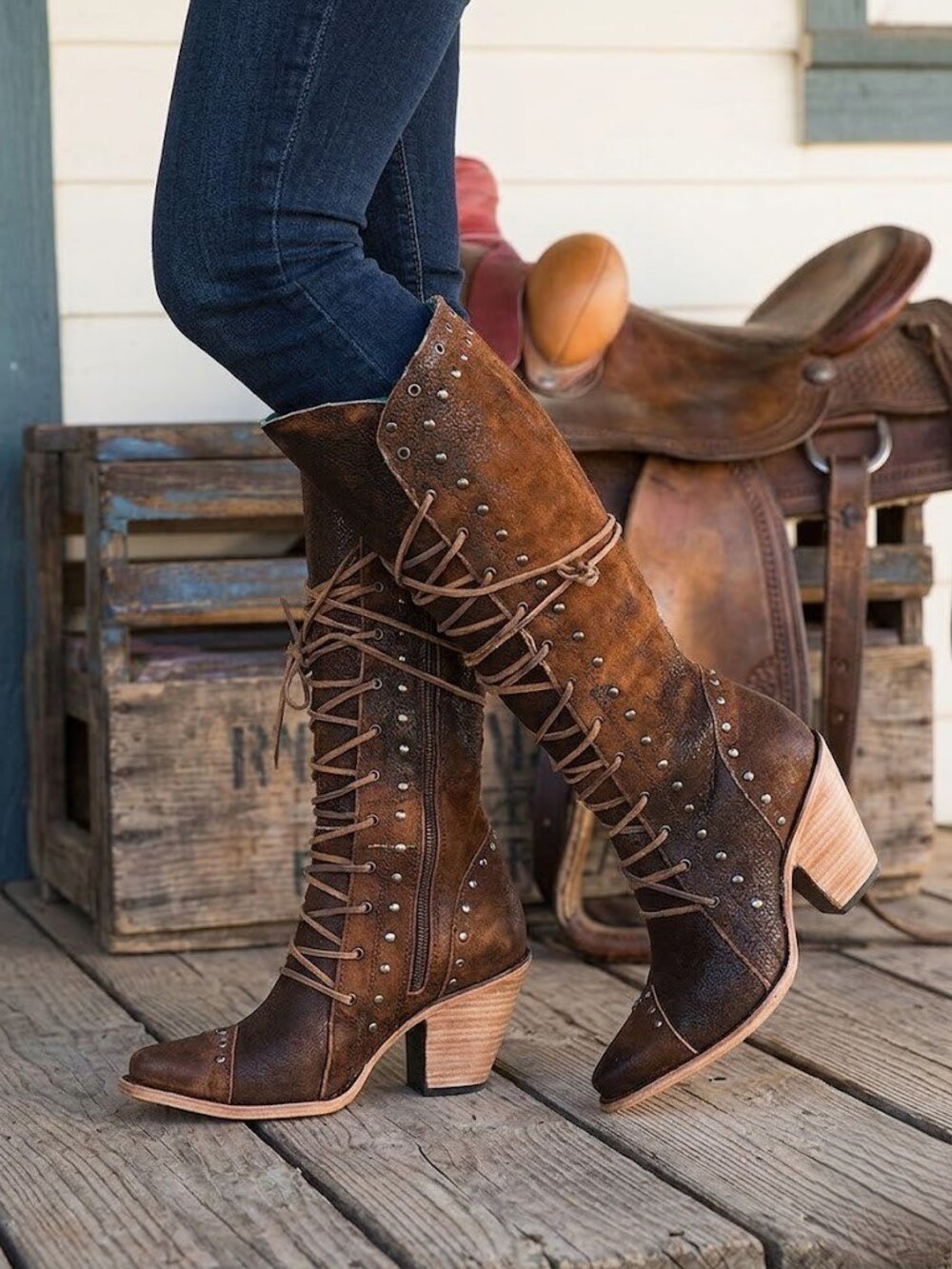 NWT Corral Boots Z5321 Lace-Up Studded Knee High Western Cowboy 3" Heels 8 - Picture 8 of 9